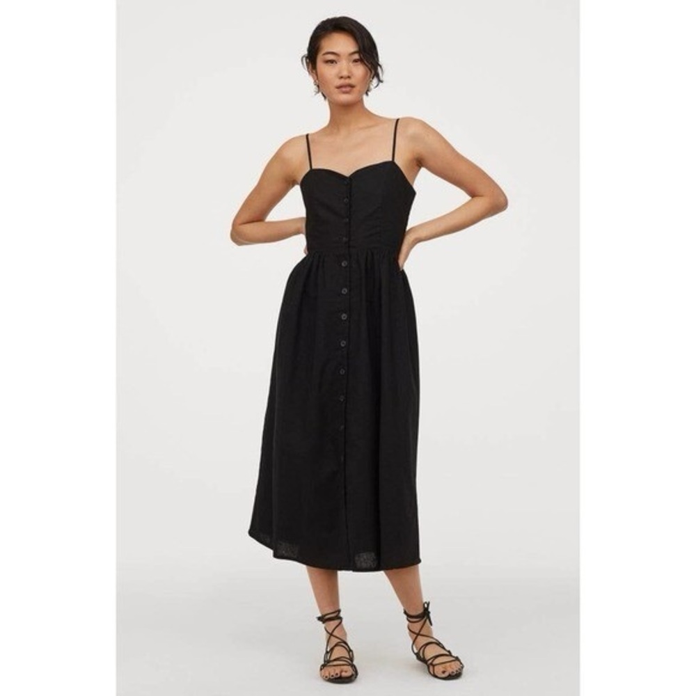 🌻H&M Black Linen Blend Midi Tank Dress Womens XL Button Front Stretch Adjustable